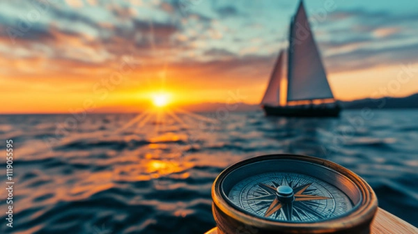 Fototapeta Sailing Towards the Horizon: A compass sits atop a wooden surface, its needle pointing towards a sailboat gliding across the ocean as the sun sets in the distance.