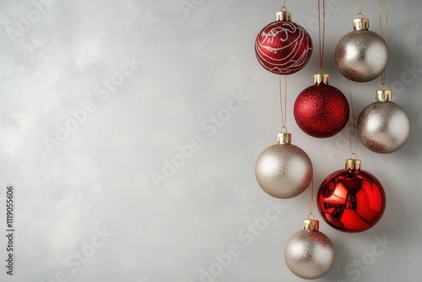 Obraz Decoração de natal com bolas suspensas em tons dourados, vermelhos e prateados, sobre fundo neutro, criada com IA generativa.