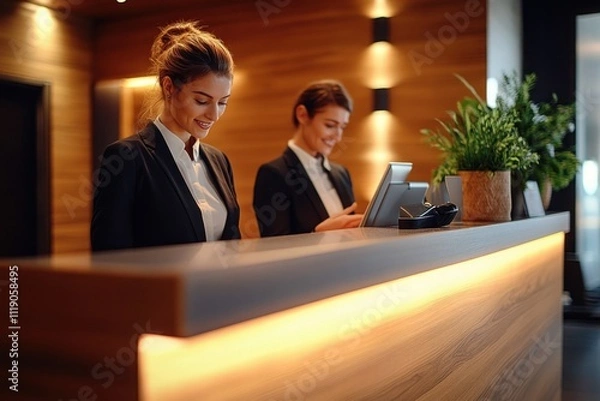 Fototapeta Professional hotel receptionists collaborating at front desk with warm lighting and sleek design