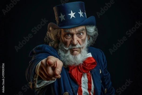 Fototapeta A serious portrayal a senior Uncle Sam pointing directly at the viewer, embodying patriotic spirit