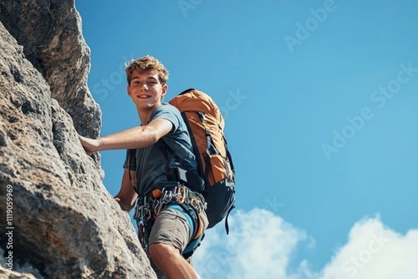 Fototapeta A young man determinedly climbing a mountain, showcasing resilience and ambition.