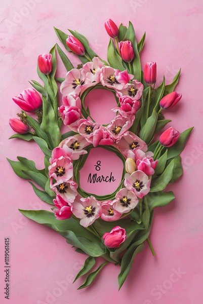 Fototapeta A stylish illustration of the number 8 adorned with elegant floral decorations, perfect for 8th March Women's Day banners, greeting cards, or background designs. Includes ample copy space for messages