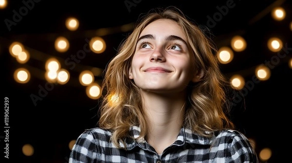 Fototapeta Portrait of a Smiling Woman with Blonde Hair and Dimples, Looking Upwards in Front of Blurred Golden Lights