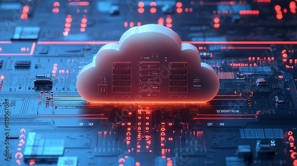 Fototapeta Futuristic Digital Cloud Computing Data Center with Glowing Circuits and Servers