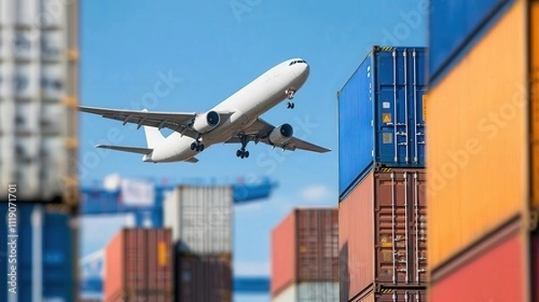 Fototapeta A cargo plane flying over tariff zones highlighted in vivid colors, showing the complexity of international trade