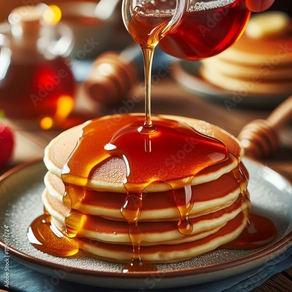 Obraz 53 Syrup Pour A close up shot of syrup being poured onto a stack