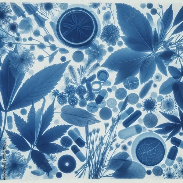 Obraz 59 Sunprint cyanotype of Chinese herbs and medicines creating a
