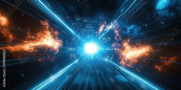 Obraz Light Speed Travel in Hyperspace with Blue Illumination and Dynamic Composition