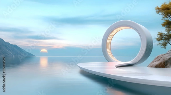 Fototapeta Graphic style scifi style an ancient monument in the shape of a circle like a stargate placed on an asteroid in the background the rings of the planet Saturn