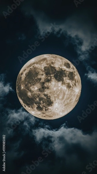 Fototapeta Full Moon Majestically Rises Through Night Clouds