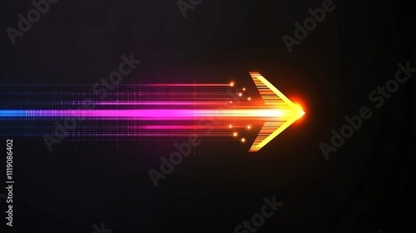 Fototapeta Glowing arrow speeding across dark background.