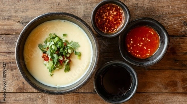 Fototapeta Creamy Soup with Fresh Herbs and Various Sauces on Wooden Table