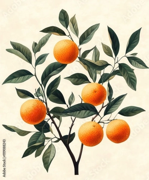 Obraz Orange Fruits and Leaves Botanical Illustration in Watercolor Style