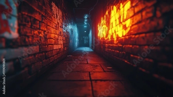 Fototapeta Dark alleyway with graffiti and neon lights.