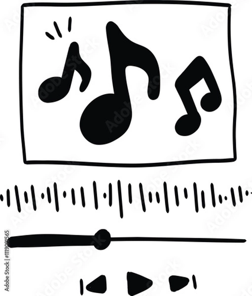 Fototapeta Hand drawn doodle audio player vertical template. Music player interface style buttoms, loading bar, sound wave sign, frame for album photo With illustration style doodle and line art