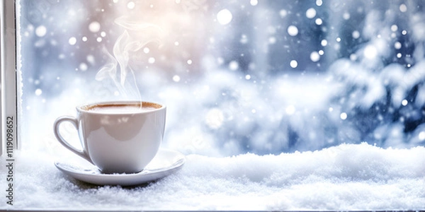 Fototapeta Winter Wonderland Coffee: A steaming cup of coffee sits on a snowy windowsill, the perfect cozy scene for a winter's day.  The soft light and falling snow create a peaceful and tranquil atmosphere. 