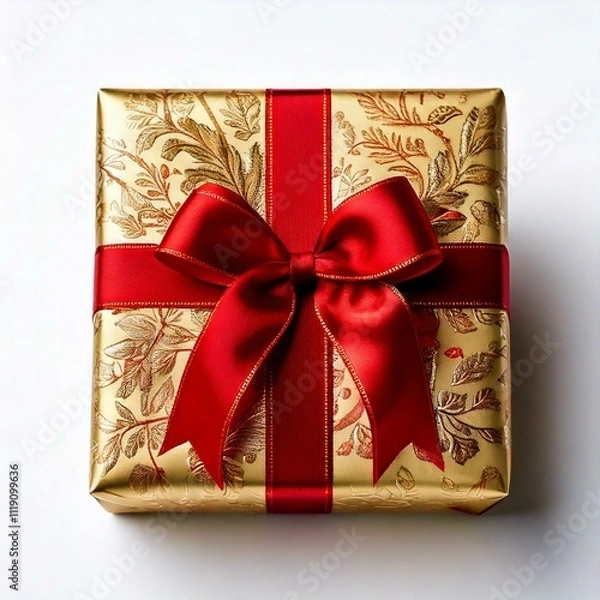 Fototapeta a Christmas present wrapped in gold paper with a red bow, isolated on white