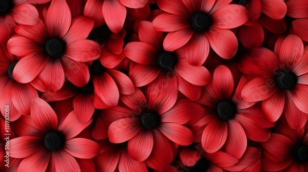 Fototapeta A vibrant pattern of red flowers with black centers, creating a visually striking design.