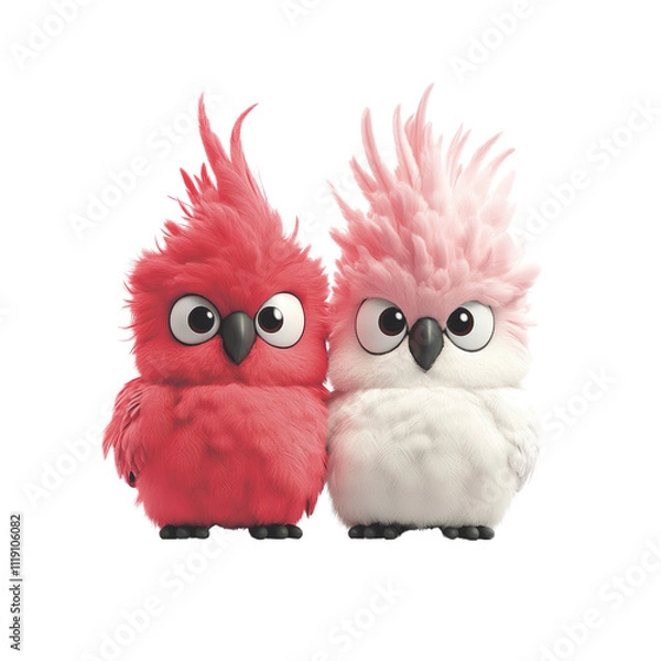 Fototapeta Adorable Pink and Red Fluffy Birds Couple, Cartoon Style Illustration