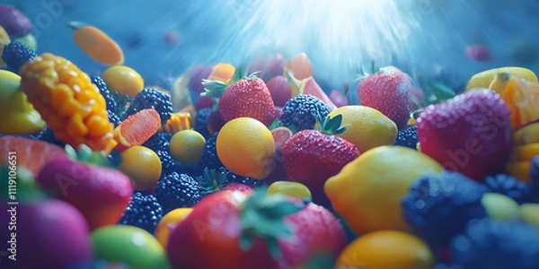 Fototapeta Fruitful Abundance: A vibrant and colorful explosion of fresh fruits bathed in ethereal light, symbolizing abundance, health, and vitality.  
