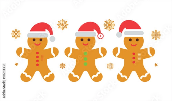 Fototapeta Set Of Gingerbread Men Wearing Christmas Hat Colorful Cute Vector Illustration Icon