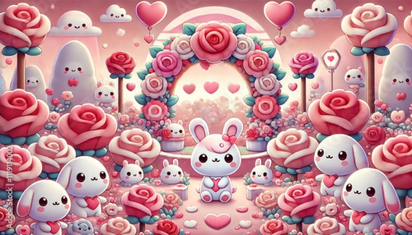 Obraz A Playful Pastel Rose Wonderland Featuring Adorable Rabbits and Heart Balloons