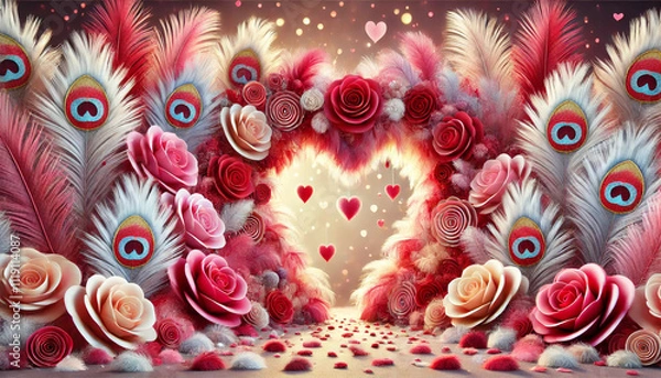 Obraz A Fantasy-Themed Valentine’s Day Garden Featuring Feathery Roses and Glowing Lanterns