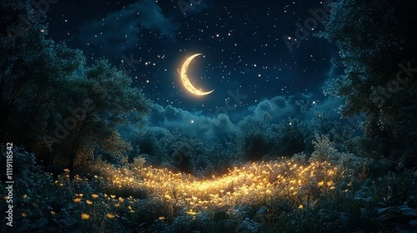 Fototapeta Nighttime Forest Scene with Crescent Moon and Glowing Flowers