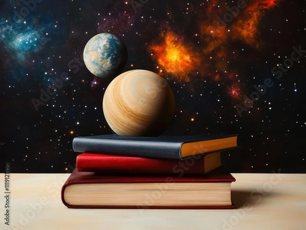 Obraz Books stacked with planets and stars in a cosmic background.