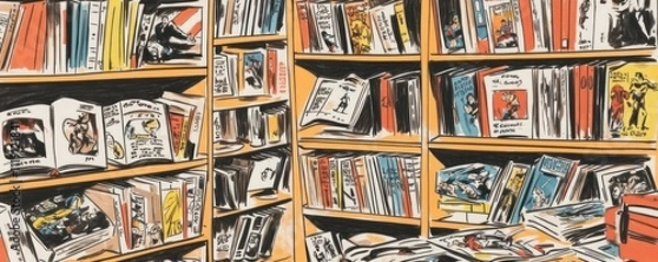 Fototapeta A vibrant illustration of a cluttered bookshelf filled with various books and comics.