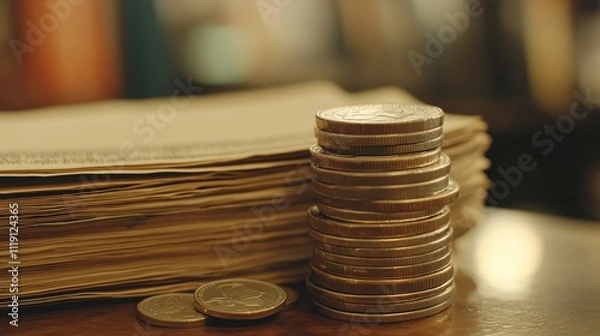 Fototapeta Stacked Coins Next to Paperwork on a Desk
