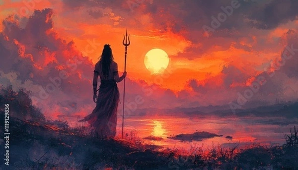 Obraz Silhouette of Lord Shiva Holding Trident at Sunset in Watercolor Style
