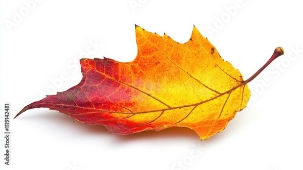 Fototapeta Single autumn leaf, red and yellow tones, isolated on white. Perfect for fall themes, nature designs, or seasonal projects.