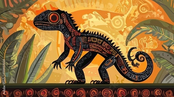 Fototapeta Stylized Lizard Depicted In Aztec Inspired Artwork