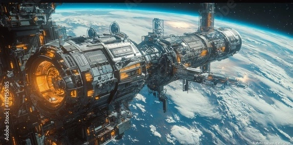 Fototapeta Futuristic Space Station Orbiting Earth Sci Fi Spacecraft Technology Exploration
