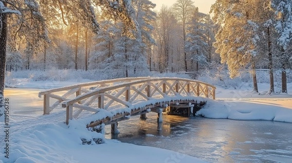 Fototapeta Snowy Winter Wonderland with Wooden Bridge Over Icy Creek