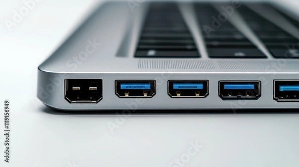 Fototapeta Showcase of a sleek portable usb-c hub with multiple ports on a white background highlighting its metallic body and crisp technological features
