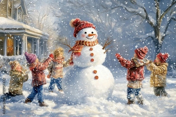Fototapeta Winter Wonderland: Children Playing in the Snow with a Snowman