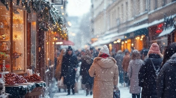 Fototapeta Snowy City Street with Holiday Lights and People Walking