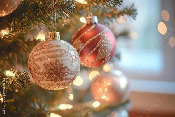 Fototapeta Sparkling Christmas Ornaments on a Decorated Tree