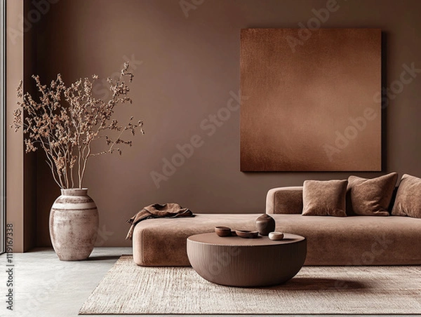 Obraz Modern living room with sofa in trend color of the year 2025 - mocha mousse. Cozy warm palette color lounge and furniture. AI