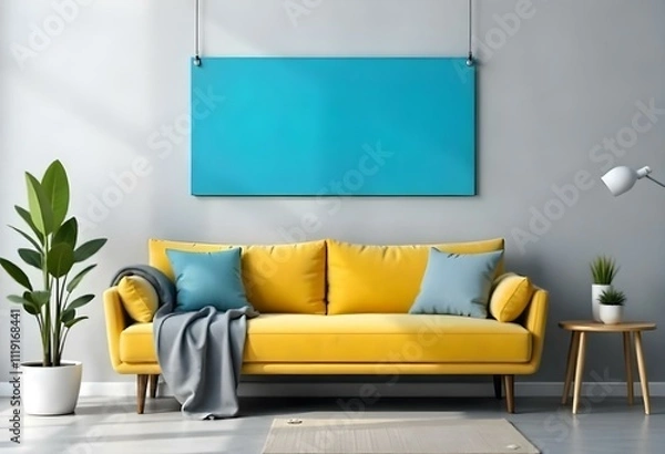Fototapeta A yellow sofa with gray pillows in a room with a teal blue wall decorated with abstract art and bright sunlight coming through the large window