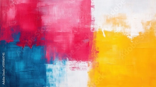 Fototapeta A vibrant abstract painting featuring bold strokes of red, blue, yellow, and white, creating a dynamic interplay of colors.