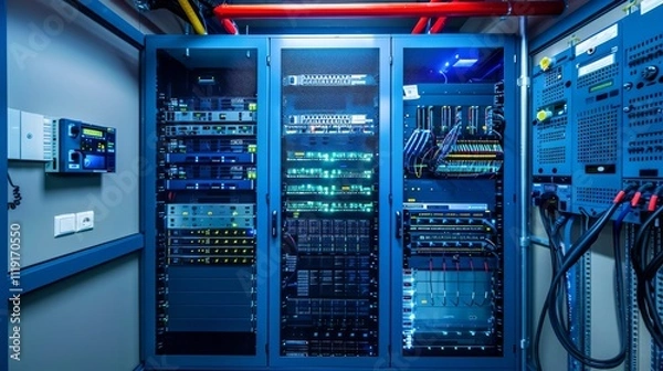 Fototapeta Compact server room showcasing wall-mounted racks, efficient cable management, and high-speed networking equipment in a small yet powerful setup
