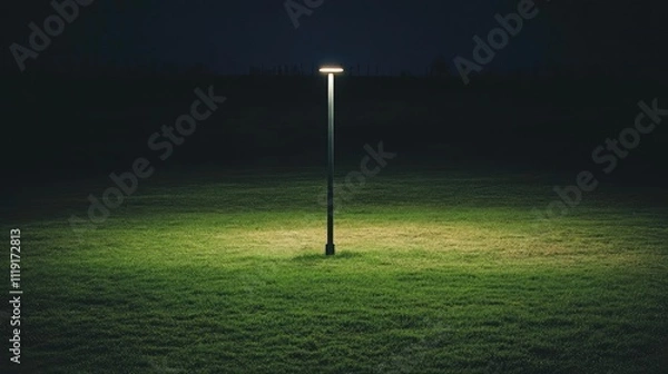 Fototapeta A solitary lamp illuminating a patch of vibrant green grass in a dark urban park, creating a serene and tranquil nighttime atmosphere for relaxation and contemplation.
