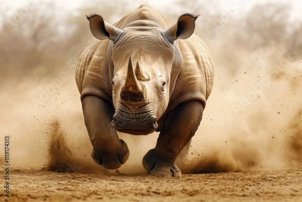Fototapeta Rhino charging across a dry savannah, dirt flying beneath its feet, motion blur accentuating its unstoppable force, strength, nature, powerful.