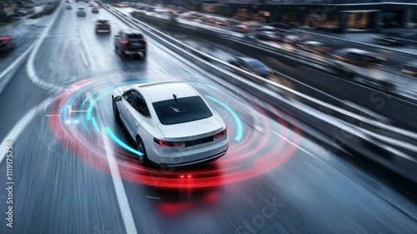 Fototapeta Self-Driving White Car on Urban Highway Surrounded by Red Radar Circle, Bird's Eye View, Cityscape Background