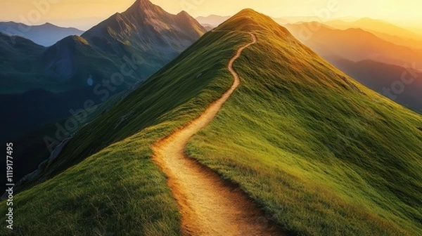 Obraz A winding dirt trail snaking up a green mountain slope, the path illuminated by golden morning light, winding pathway mountains copy space, sunrise hike, realistic, double exposure