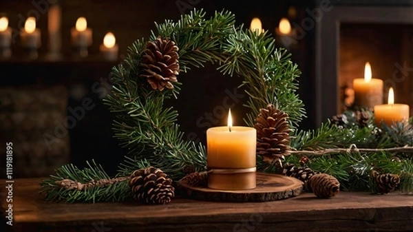 Fototapeta Warm and cozy atmosphere of a Christmas home, fresh green pinecones on top of an elegant table with candlelight