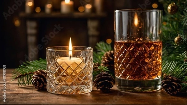 Fototapeta Warm and cozy atmosphere of a Christmas home, fresh green pinecones on top of an elegant table with candlelight  Glass of Whiskey, Wine Bottle